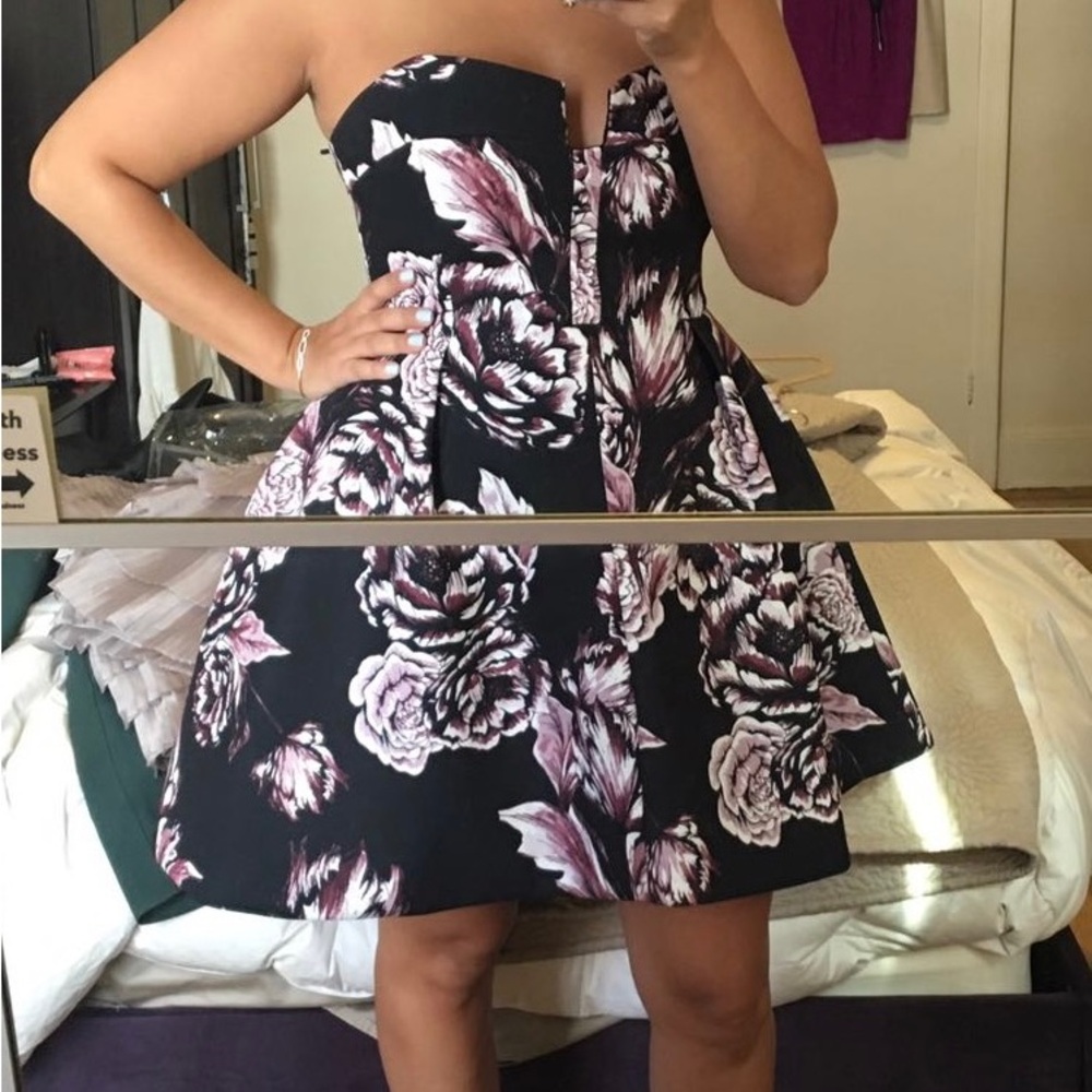 Strapless High Low Floral Mini Cocktail Dress